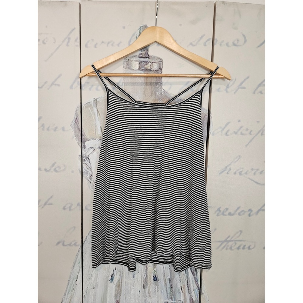 Eileen Fisher Tank Top Large Black Striped 100% Organic Linen Racerback Cami